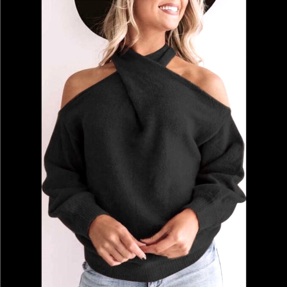 Back & Front Crossover Open Shoulders Black Sweater/ Sweatshirt